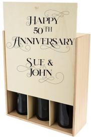 Engraved 3 Bottle Wood Gift Box with Straw