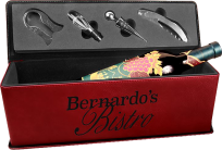 Engraved Garnet Leatherette Box with 4 Wine Tools