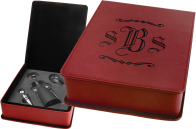 Engraved Garnet Leatherette set with 4 Wine Tools